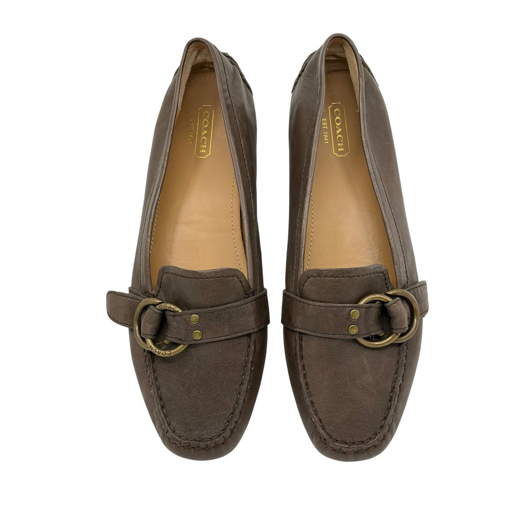 Coach Avril Brown Leather Driving Loafers Brass Buckle Flats Womens Slip On 9B - Picture 2 of 9